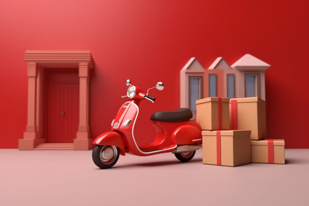 Arafed red scooter with boxes and a house in the background generative ai