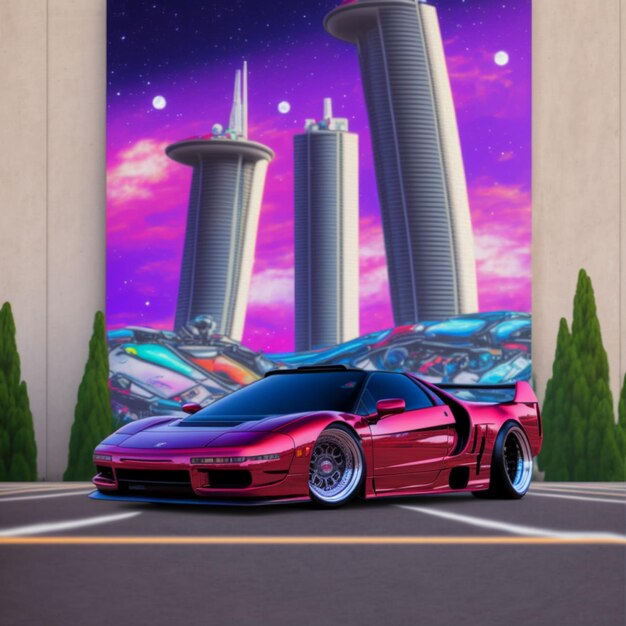 Arafed red sports car parked in front of a futuristic city generative ai