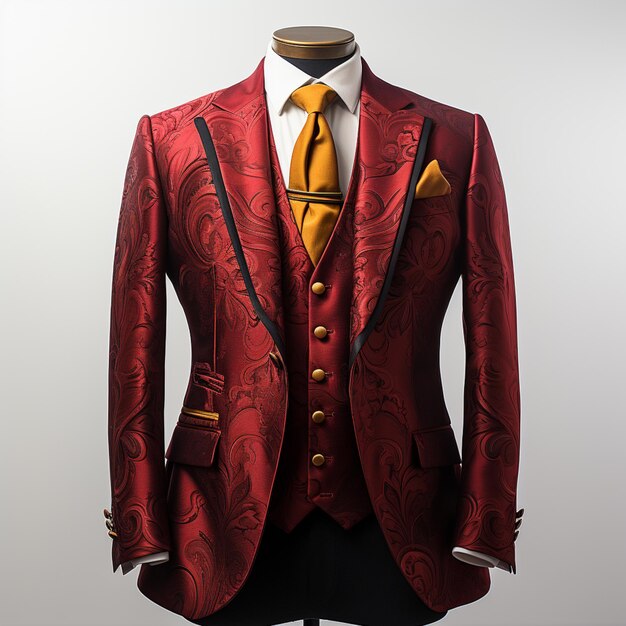 arafed red suit with black trimming and a yellow tie generative ai