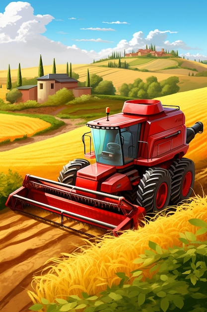 Foto trattore rosso arafed in un campo con una fattoria sullo sfondo ai generativo