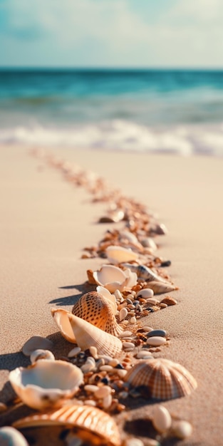 Arafed rij van schelpen op een strand met een blauwe oceaan op de achtergrond generatieve ai