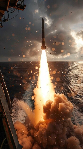 Photo arafed rocket is launched from a ship in the ocean generative ai