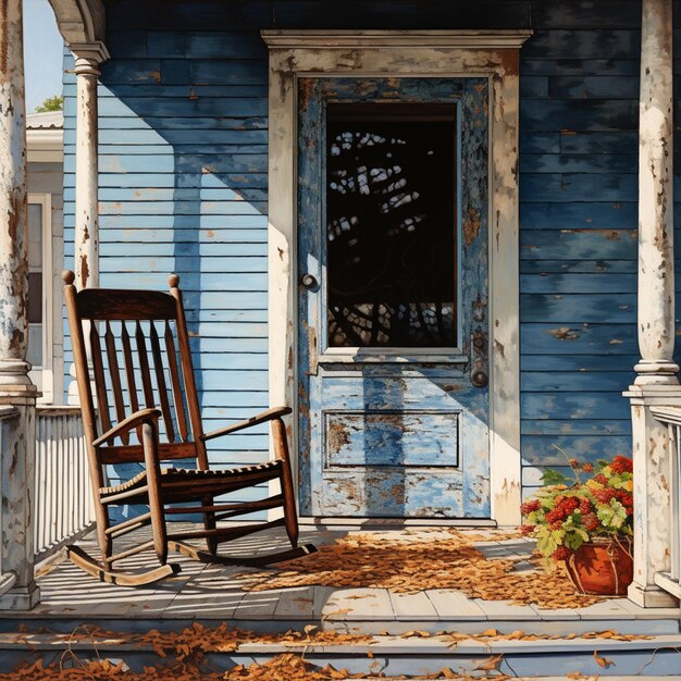 Photo arafed rocking chair on porch of blue house with potted plants generative ai