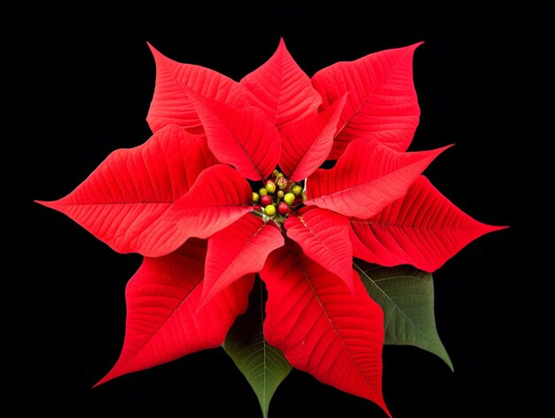 Foto arafed rode poinsettia met groene bladeren op een zwarte achtergrond generatieve ai