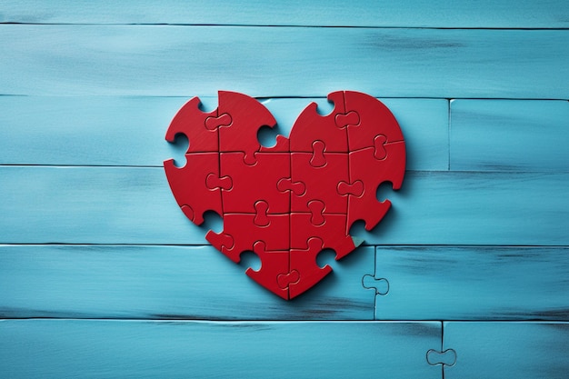 Foto arafed rood hartvormig puzzelstukje op een blauwe houten generatieve ai als achtergrond
