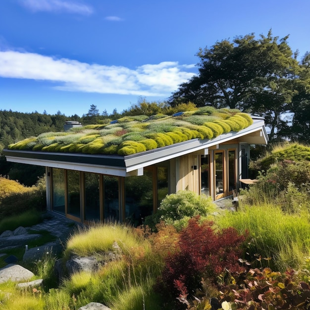 Photo arafed roof on a house with a green roof generative ai