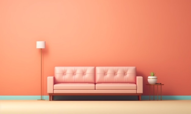 Арафированная комната с розовым диваном и лампой на столе