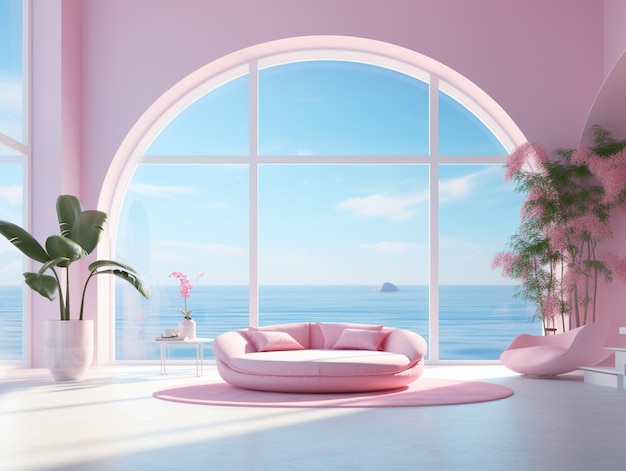 Arafed room with a pink couch and a pink chair in front of a large window generative ai