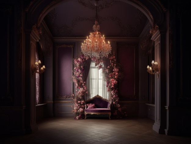 arafed room with a purple couch and a chandelier and a window generative ai