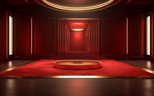 赤いカーペットと丸いテーブルのアラフェッド・ルーム
