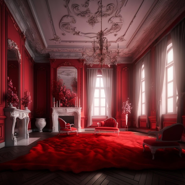 Arafed room with red walls and a chandelier and a red rug generative ai