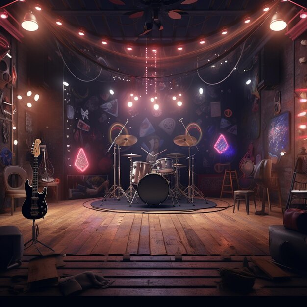 Photo arafed room with a stage and a drum set up generative ai