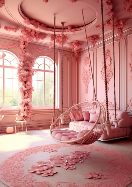 Arafed room with a swing chair and a pink rug generative ai