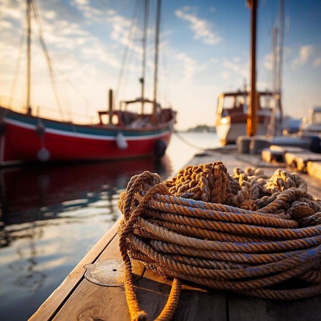 Arafed Rope On A Dock With Boats In The Background