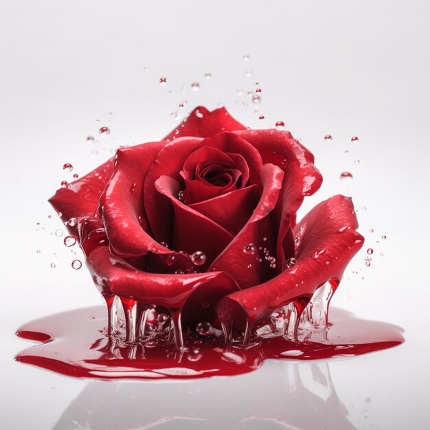 Photo arafed rose with water droplets and red liquid on a white surface generative ai