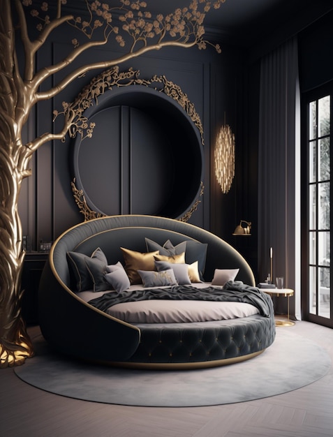 Arafed round bed with a circular headboard and pillows in a room generative ai