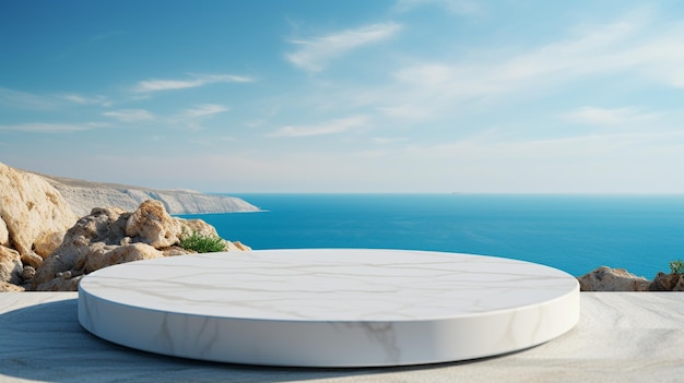 Arafed round white bed on a stone platform overlooking the ocean generative ai