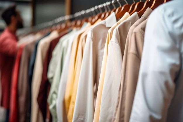 arafed row of shirts hanging on a rail in a clothing store generative ai