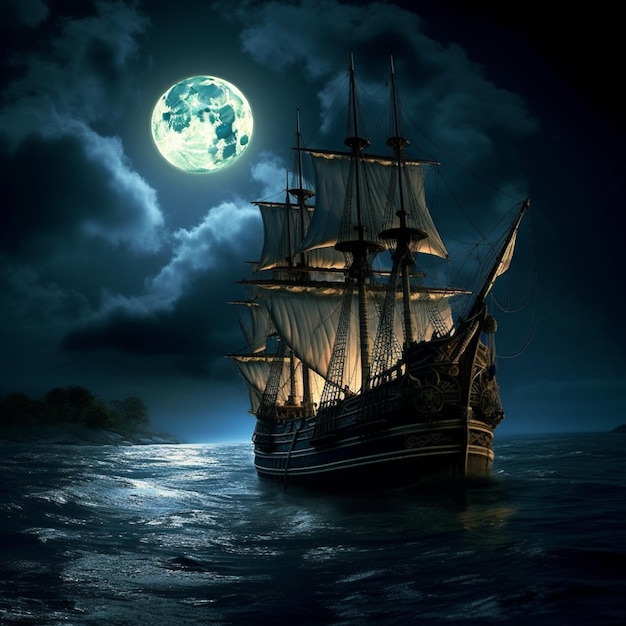 Arafed sailboat in the ocean with a full moon in the background generative ai