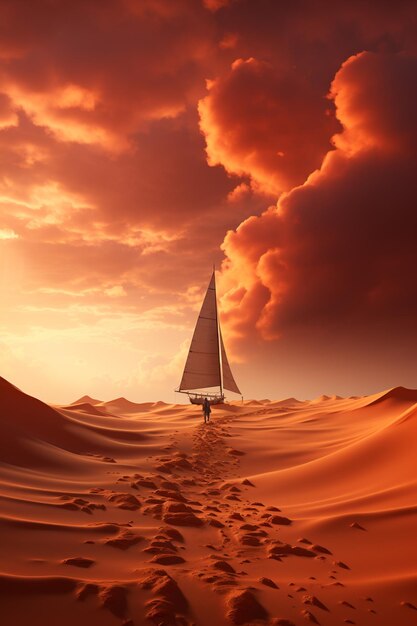 Foto barca a vela arafed che naviga nel deserto al tramonto ai generativo