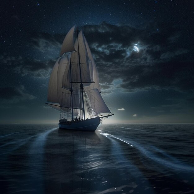 Arafed sailboat sailing in the ocean at night with a full moon generative ai