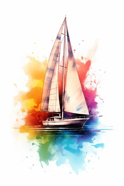 arafed sailboat with white sails on a colorful watercolor background generative ai