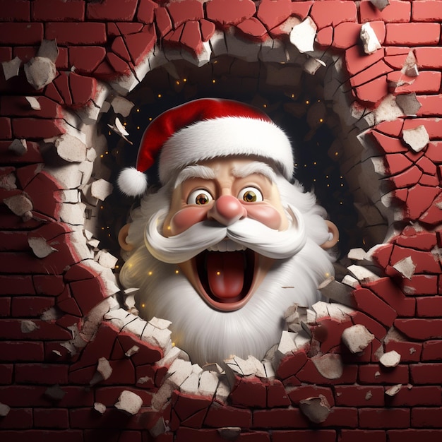 arafed santa claus looking through a hole in a brick wall generative ai