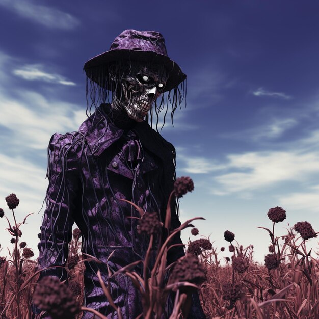 Photo arafed scare in a field of flowers with a blue sky in the background generative ai