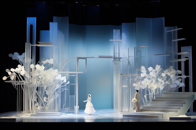 Foto scena araba di un palco con una donna in abito bianco e un uomo in abito bianco ai generativa