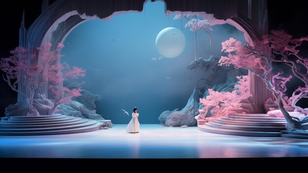 arafed scène van een vrouw in een witte jurk die op een podium staat generatieve ai