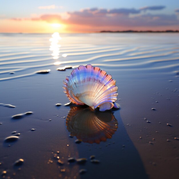 Foto arafed schelp op het strand bij zonsondergang met water en wolken generatieve ai