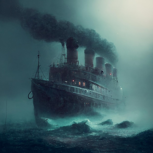 Arafed schip in het midden van een stormachtige oceaan met rook die eruit komt generatieve ai