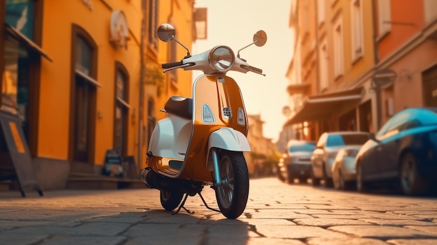 arafed scooter parked on a cobblestone street in a city generative ai