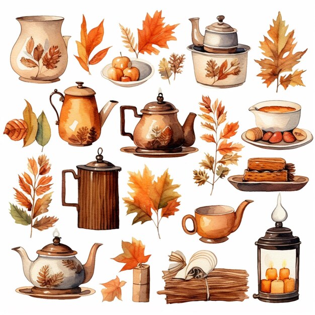 Arafed set of autumn objects including teapots generative ai