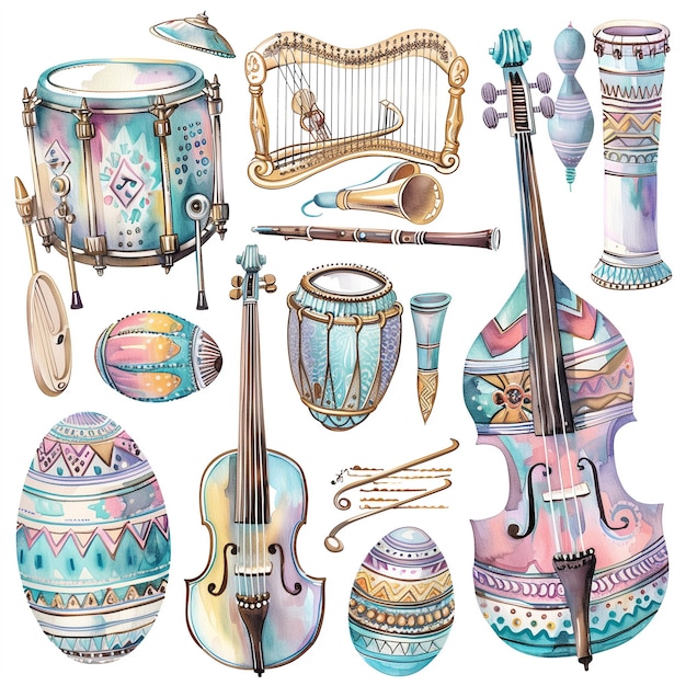 Фото Арафированный набор музыкальных инструментов и музыкальные инструменты, окрашенные в акварель