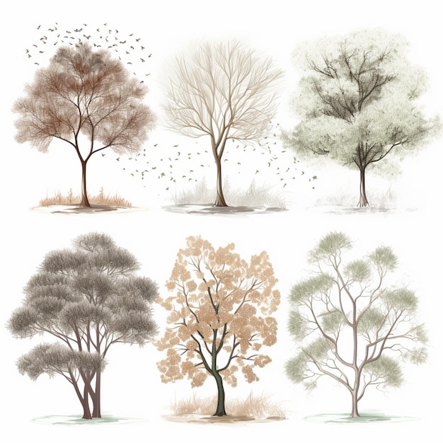 Arafed set van vier bomen met verschillende bladeren en takken generatieve ai