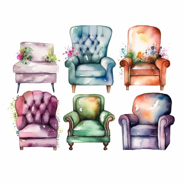 Arafed set of watercolor chairs with flowers and birds generative ai