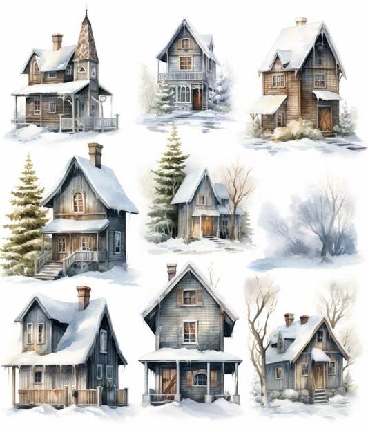 Photo arafed set of watercolor illustrations of a house in winter generative ai