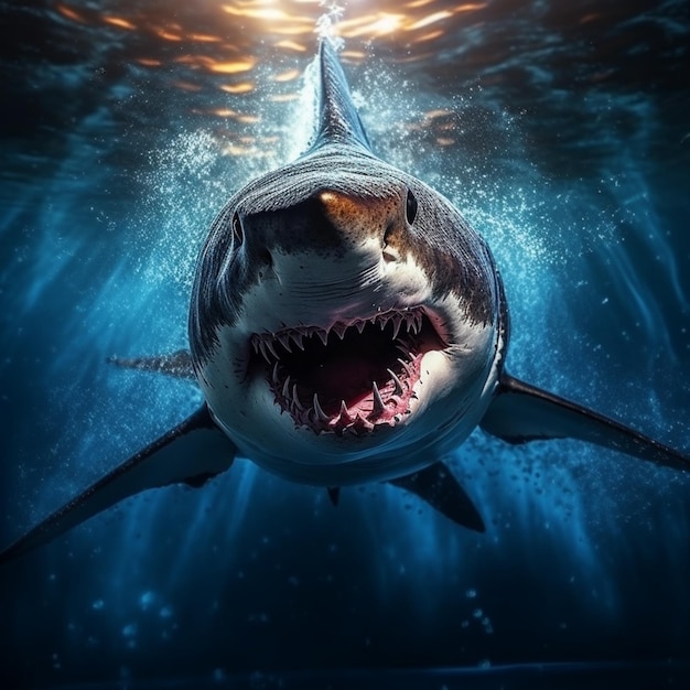 Arafed shark with open mouth in the ocean with sunlight shining generative ai
