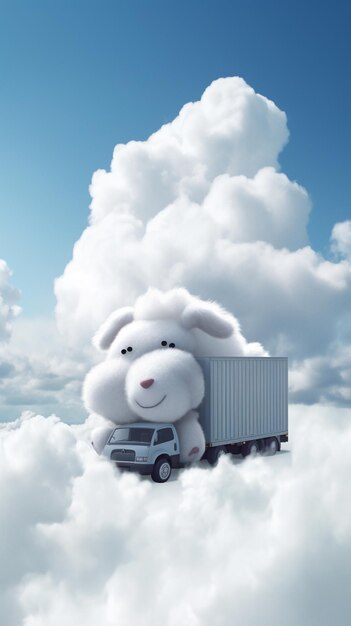 arafed sheep with a trailer in the clouds above a car generative ai