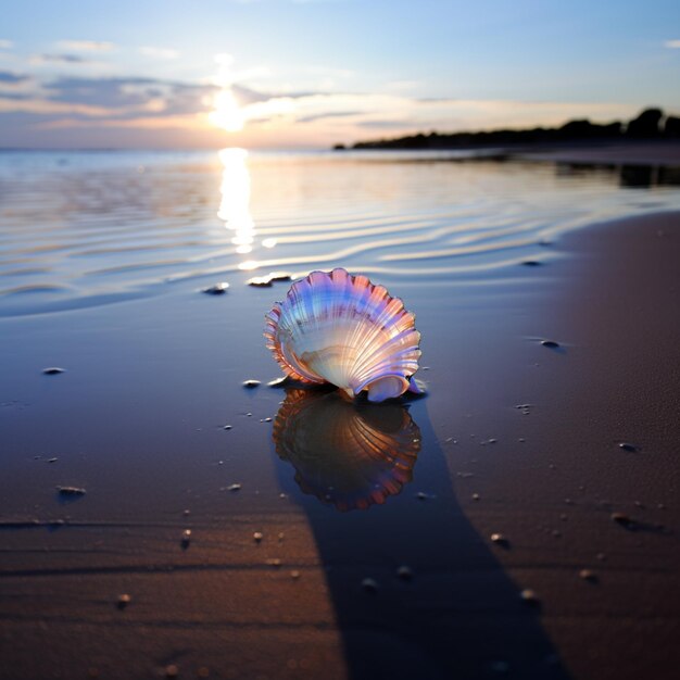 写真 太陽が沈むときのビーチでのアラフェッドの貝