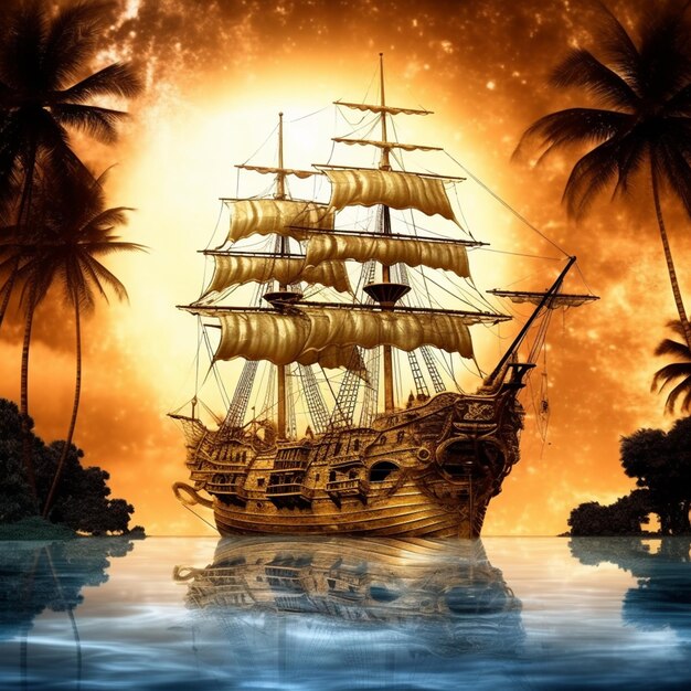 Arafed ship in the ocean with palm trees and a full moon generative ai