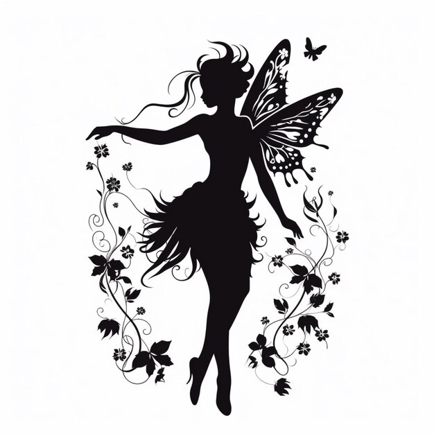 arafed silhouette of a fairy with a butterfly and flowers generative ai