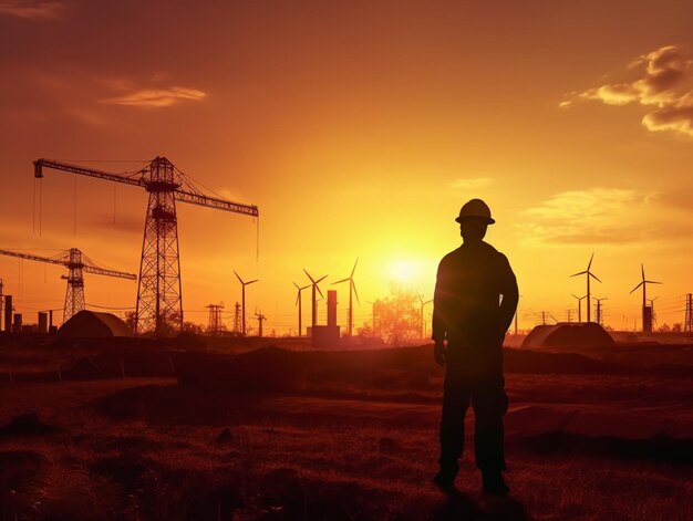 arafed silhouette of a man standing in a field with windmills in the background generative ai