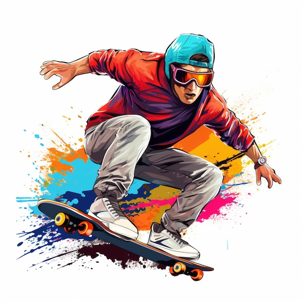 Arafed skateboarder in a red jacket and goggles is doing a trick generative ai