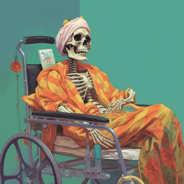 Arafed skelet in een rolstoel met een boek en een roze tulband generatieve ai