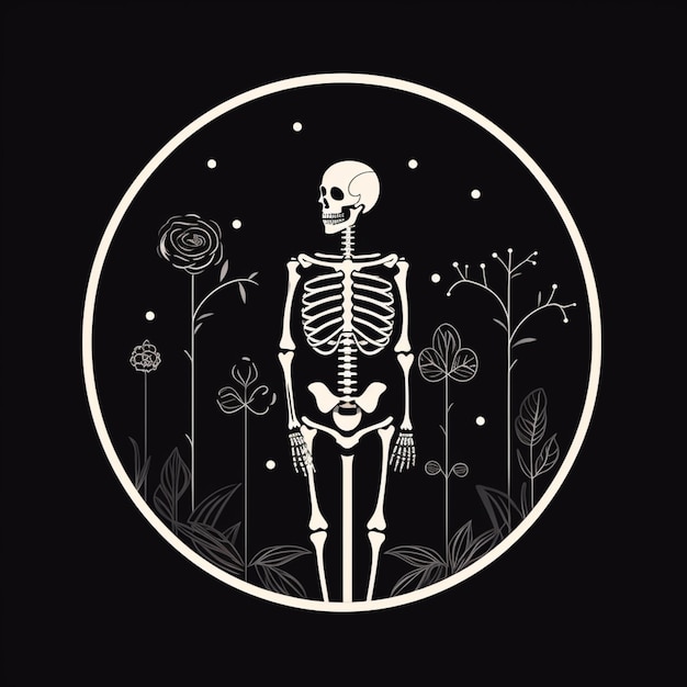Скелет в круге с цветами и растениями
