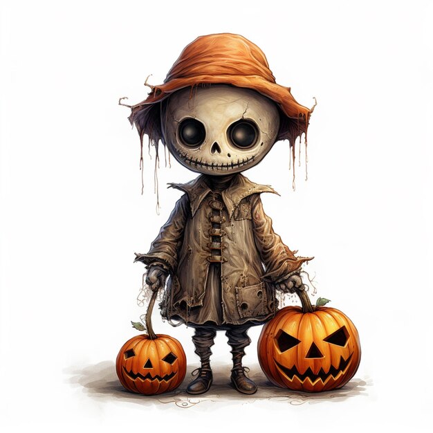 arafed skeleton dressed in a hat and coat holding two pumpkins generative ai