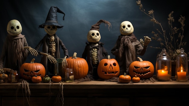 arafed skeleton figurines sitting on a table with pumpkins and candles generative ai