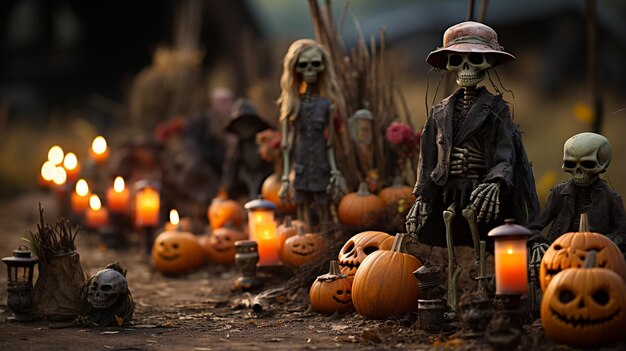 arafed skeleton figurines with candles and pumpkins in a field generative ai